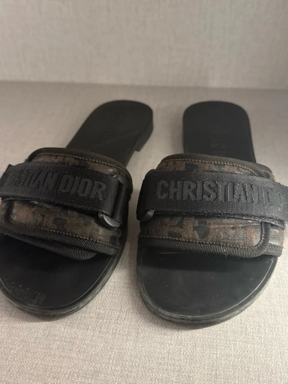 Dior Black Men’s Logo Slide Sandals with Dark Camouflage Straps